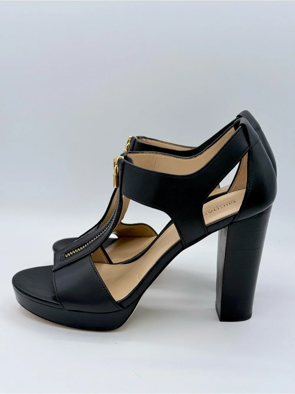 Michael Kors Berkley Black Leather Platform Sandals Zip Front 8M
